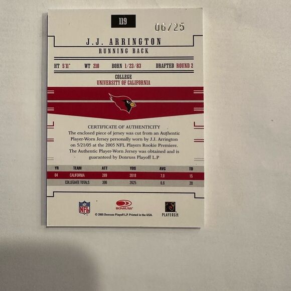 Arizona Cardinals Rookie Trading Card with Jersey Patch of JJ Arrington mint - Picture 3 of 4